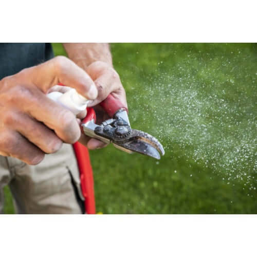 Hands spraying lubricant on pruner, showcasing maintenance for peak gardening performance.