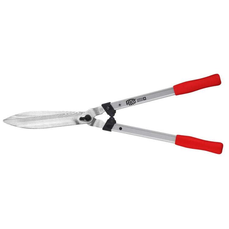 Premium hedge shears with ergonomic red handles for efficient trimming and shaping of shrubs and ornamental plants.