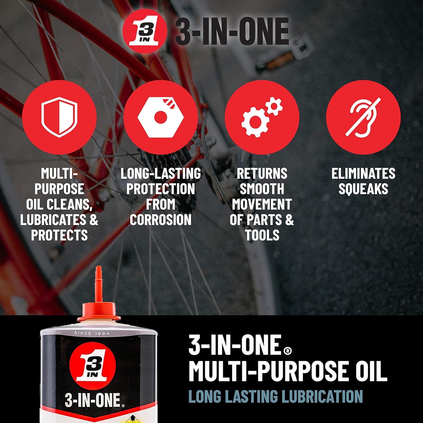 3-IN-ONE Multi-Purpose Oil bottle with features: cleans, protects, eliminates squeaks, and offers long-lasting lubrication.