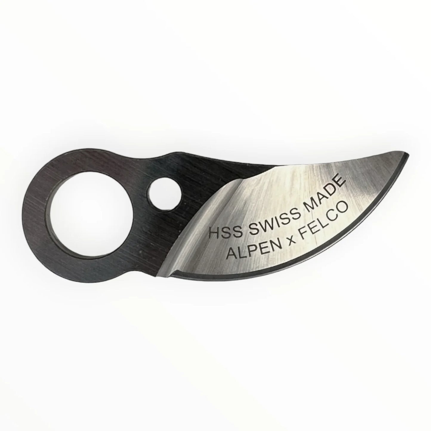 Alpen HSS Swiss Made replacement blade with curved edge and circular hole for easy grip and precision cutting.