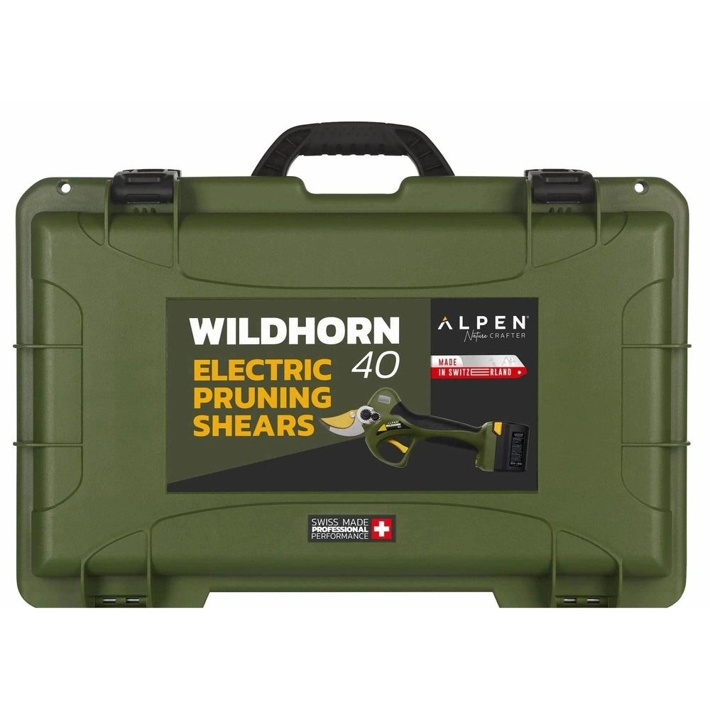 Alpen Wildhorn A-40 electric pruning shear case, designed for efficiency, heavy-duty work, and clean cuts.
