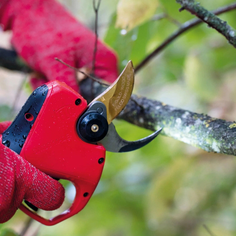 Felco 834W pruner cutting a branch, showcasing precision and efficiency for wood cutting in landscaping.