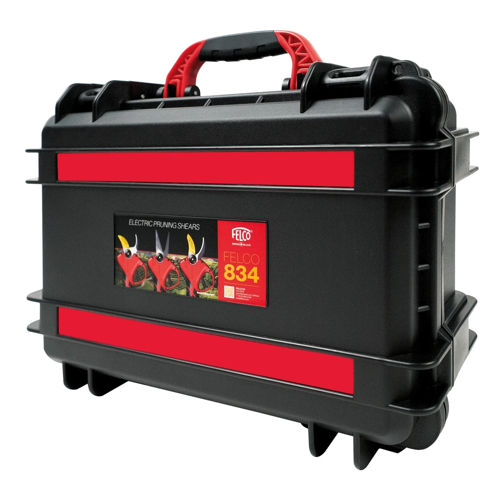 Felco 834 case for electric pruners, highlighted in black and red design, featuring product description on front.