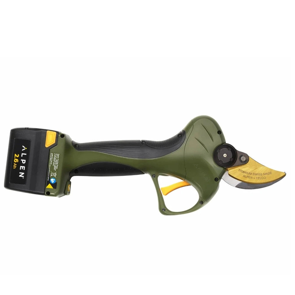 Alpen Electric Pruning Shear Wildhorn A-40 with high-speed steel blade and battery for efficient pruning.
