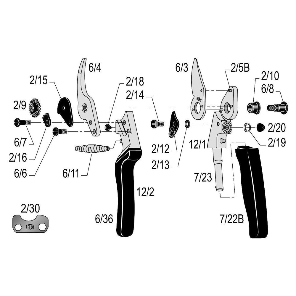 Diagram of Felco 12 Ergonomic Compact Pruner F-12 parts and assembly for maintenance and replacement.