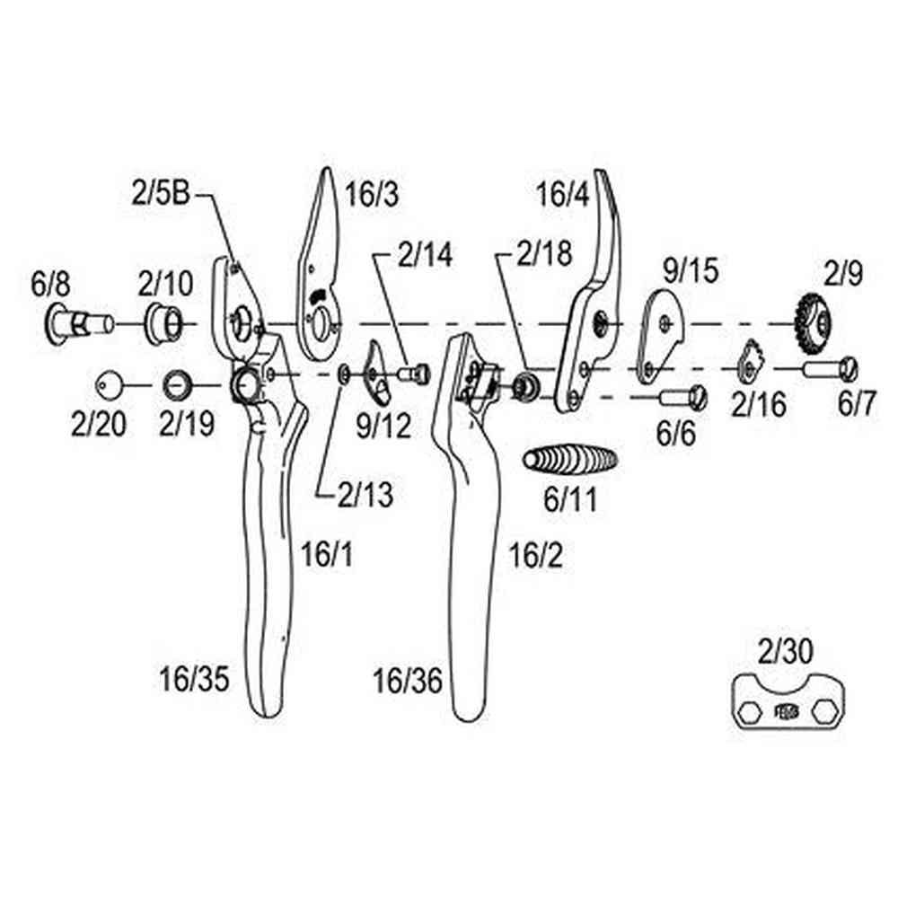 Diagram of Felco 16 Ergonomic Compact Pruner for Left Hands F-16, showing parts and assembly details.