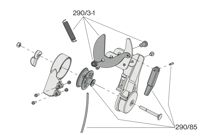 Exploded view diagram of Felco 290 Pole Pruning Shears F-290 with labeled components.
