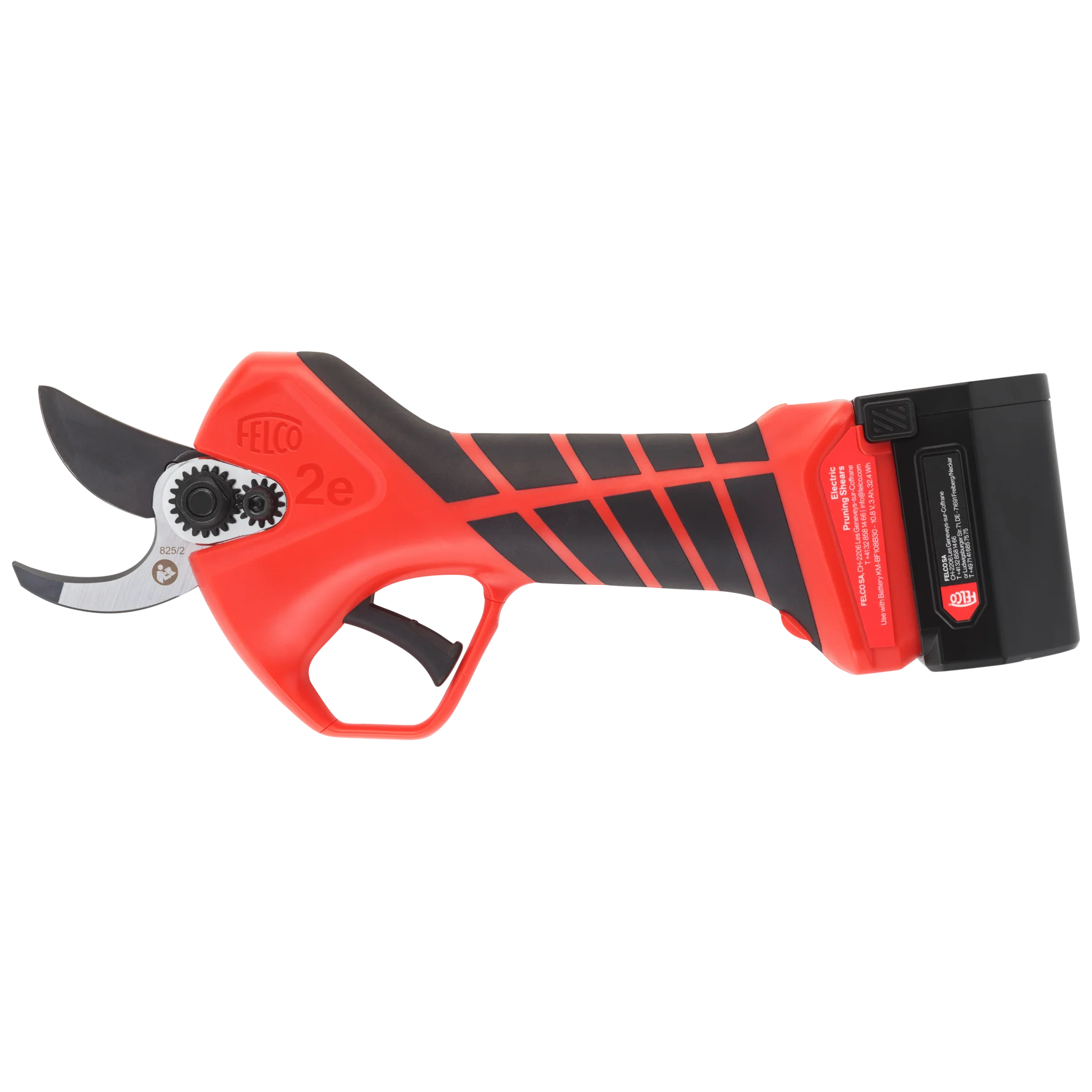FELCO 2e electric pruning shear with red ergonomic handles, F‑Tech coated blade, and built‑in CUT SHIELD™ safety sensor.