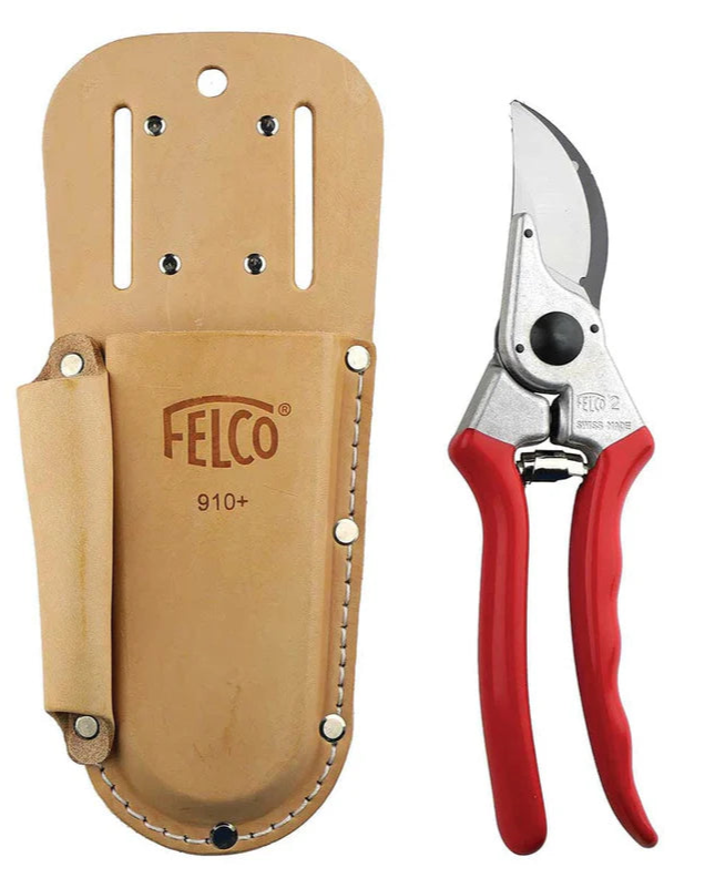 Felco pruning shears with leather sheath and replacement blade on a white background