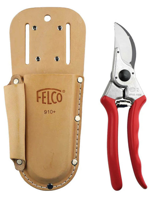 Felco pruning shears with leather sheath and replacement blade on a white background