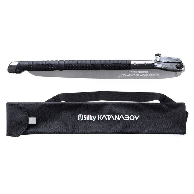 Silky Katanaboy 500mm folding saw with XL‑tooth 21.6" blade and two‑handed rubberized handle, shown folded with carrying case, designed for bushcraft and heavy pruning.
