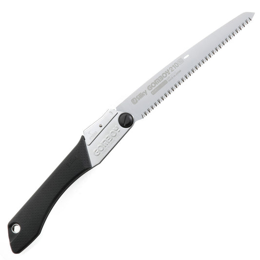 Silky GOMBOY 210mm folding saw with medium‑tooth blade (121‑21), shown partially folded with a black rubberized handle, ideal for pruning and outdoor cutting
