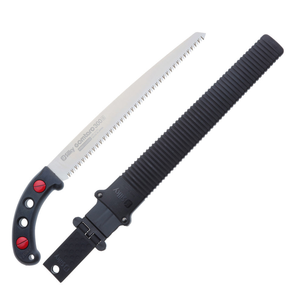 Silky GOMTARO 300mm straight‑blade pruning saw (102‑30) with large‑tooth chrome‑plated blade and cushioned rubber handle, shown with scabbard for professional pruning work.