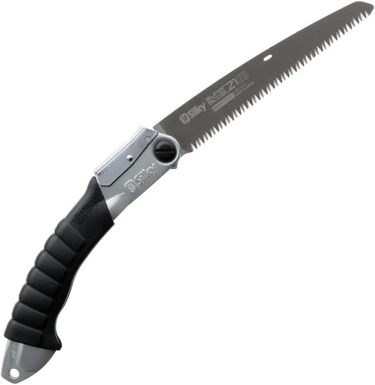 Silky SUPER‑ACCEL 21 folding saw with 210mm large‑tooth blade and rubberized pistol‑grip handle, shown folded for compact carry, designed for pruning and outdoor cutting.