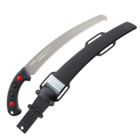Silky ZUBAT 300mm curved‑blade pruning saw (270‑30) with large teeth, ergonomic rubber handle, and fitted scabbard, designed for professional arborist cutting.