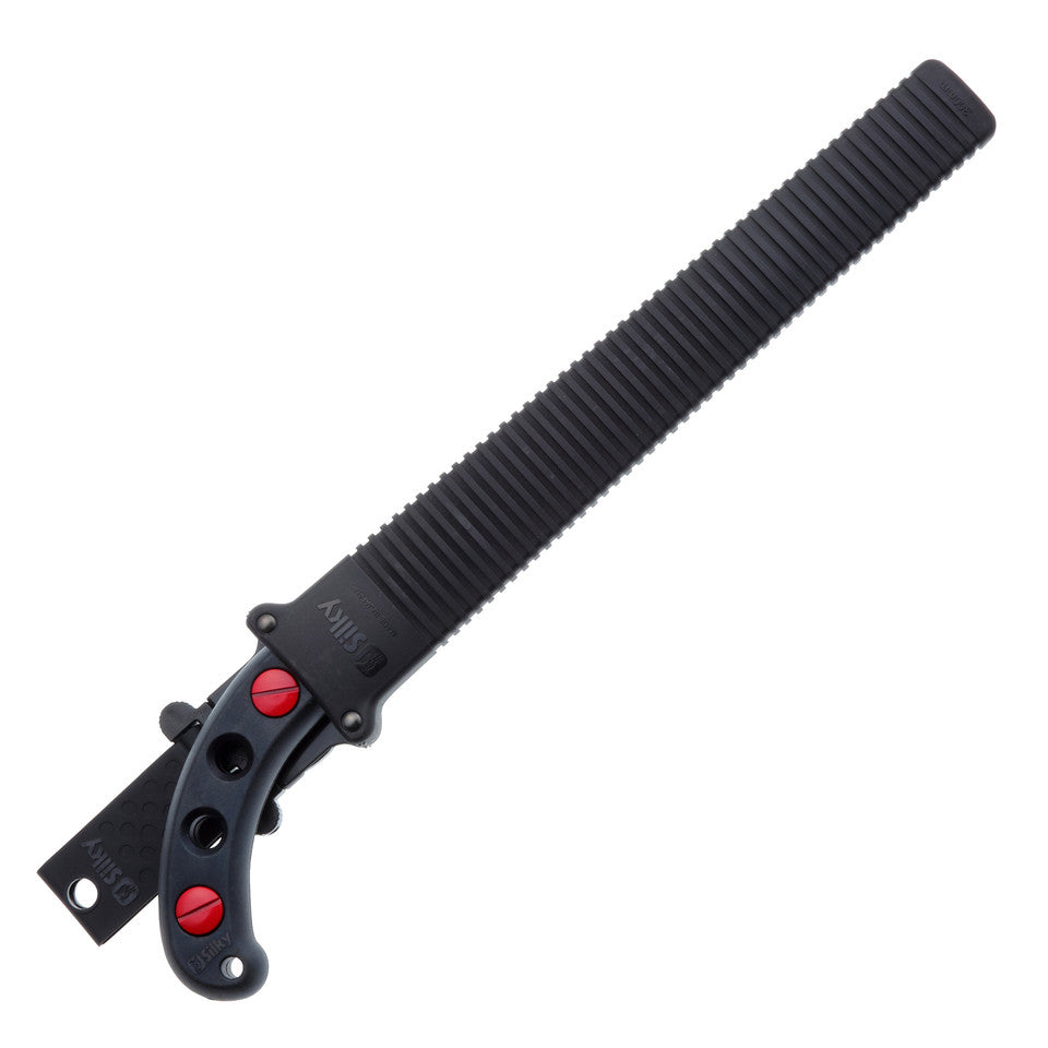 Black folding knife with a comb-like blade on a white background