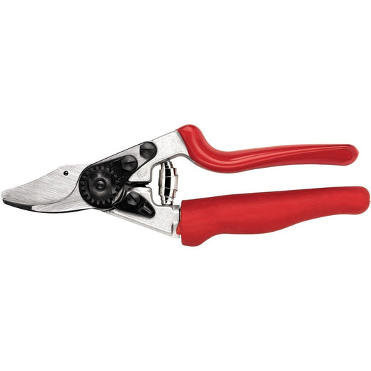 Felco 12 Ergonomic Compact Pruner F-12 with red handles and hardened steel blade for precision cutting.
