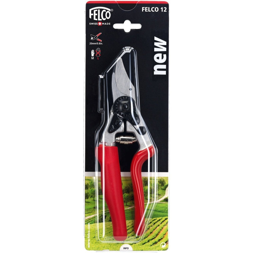 Felco 12 Ergonomic Compact Pruner F-12 packaging with forged aluminum handles and hardened steel blade
