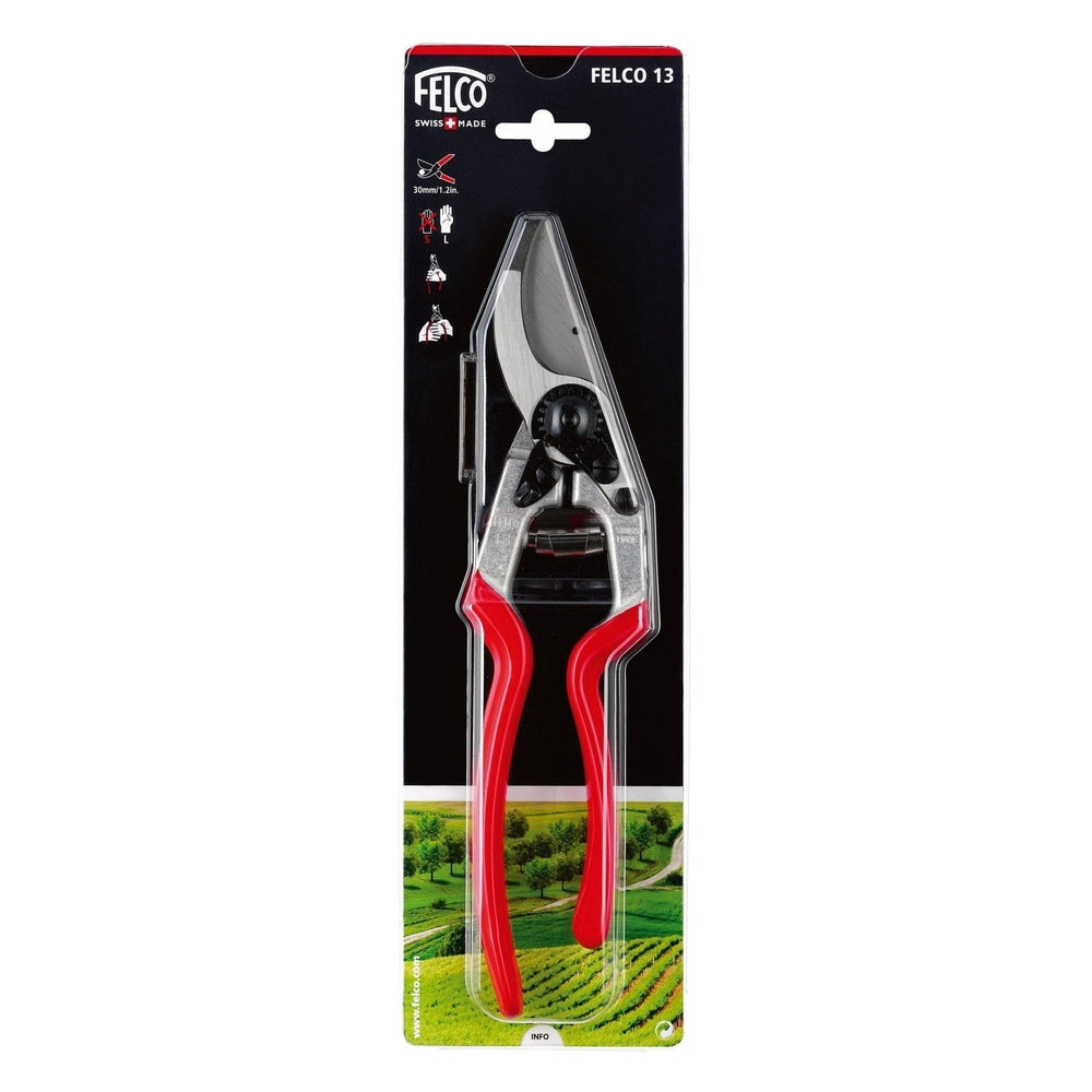 Felco 13 Pruner Use With one Or Two Hands F-13 displayed on packaging with ergonomic design features.