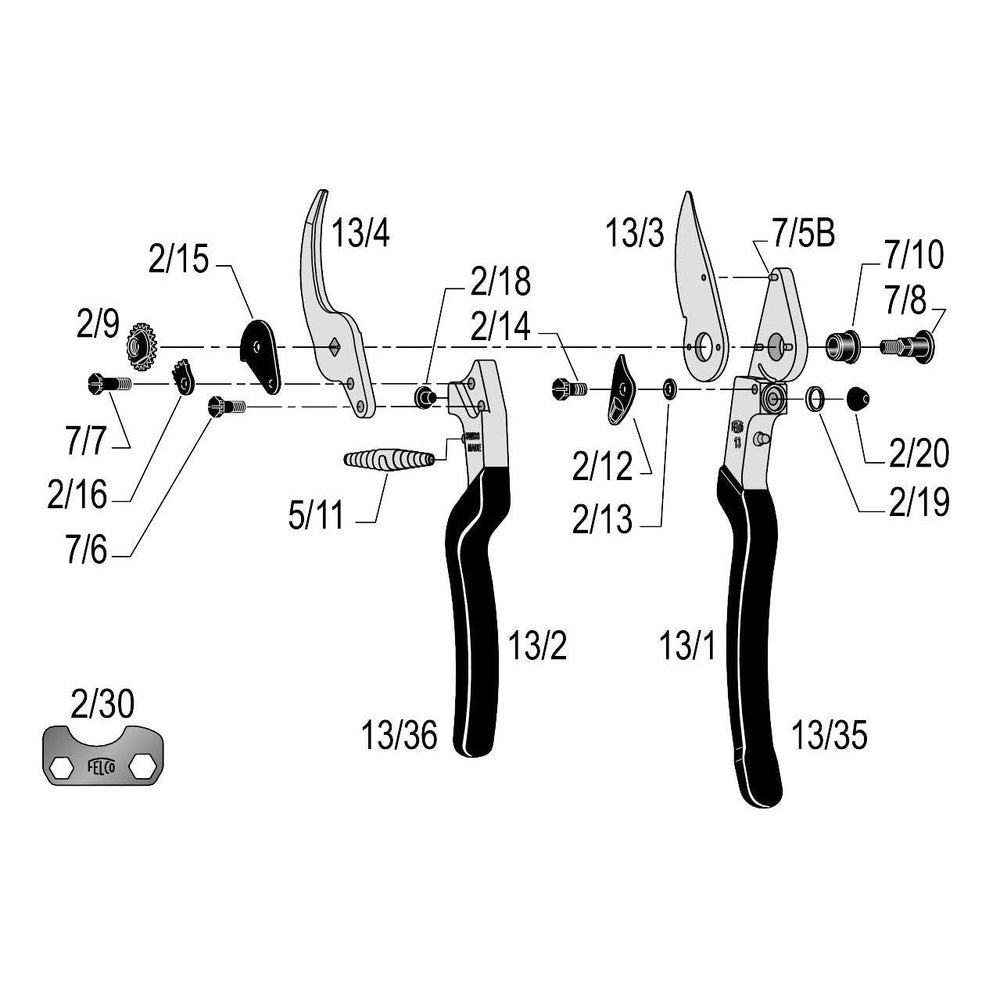 Felco 13 Pruner Use With one Or Two Hands F-13 exploded diagram detailing components for efficient maintenance.