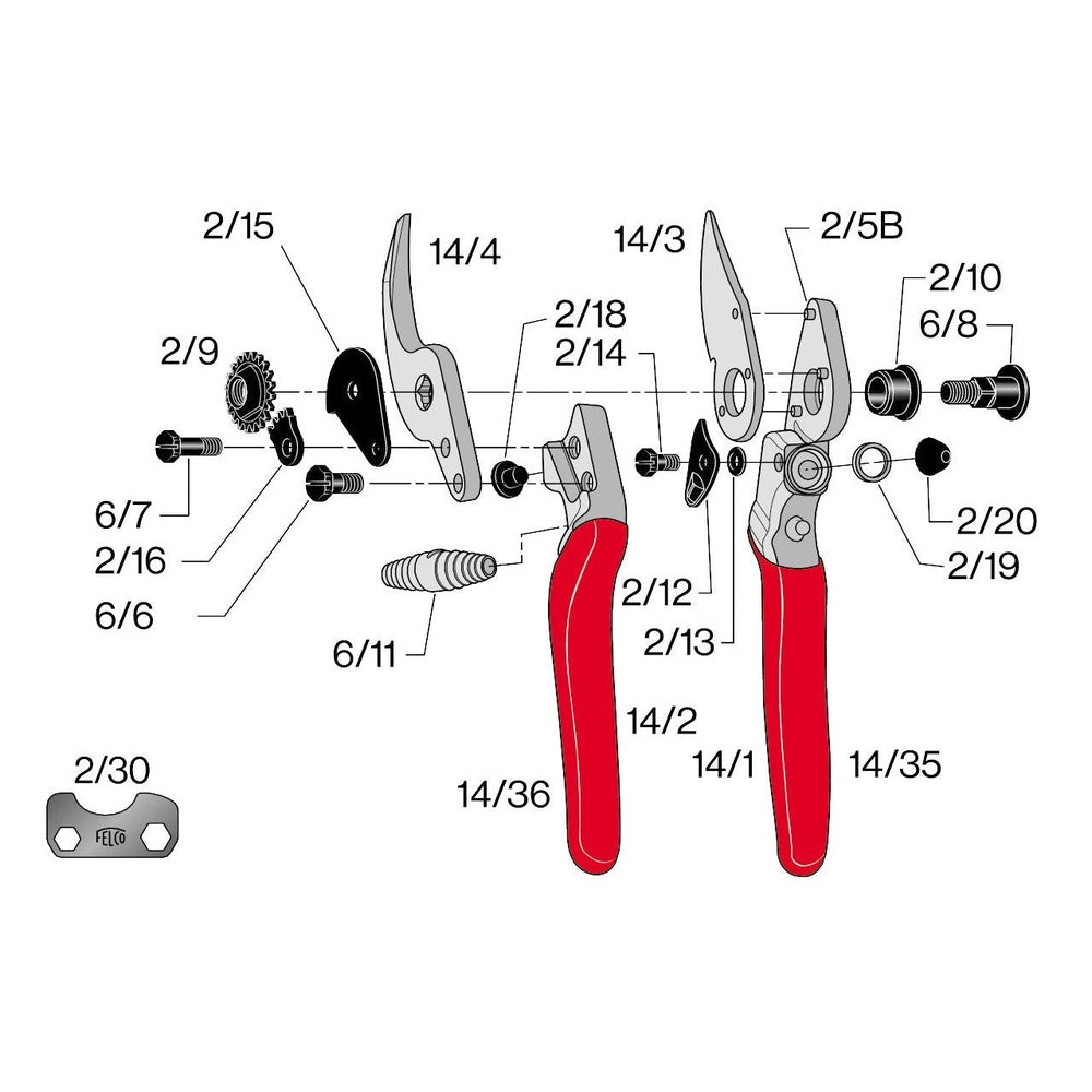 Diagram of Felco 14 Small Bypass Pruner F-14 components and assembly details for easy reference.