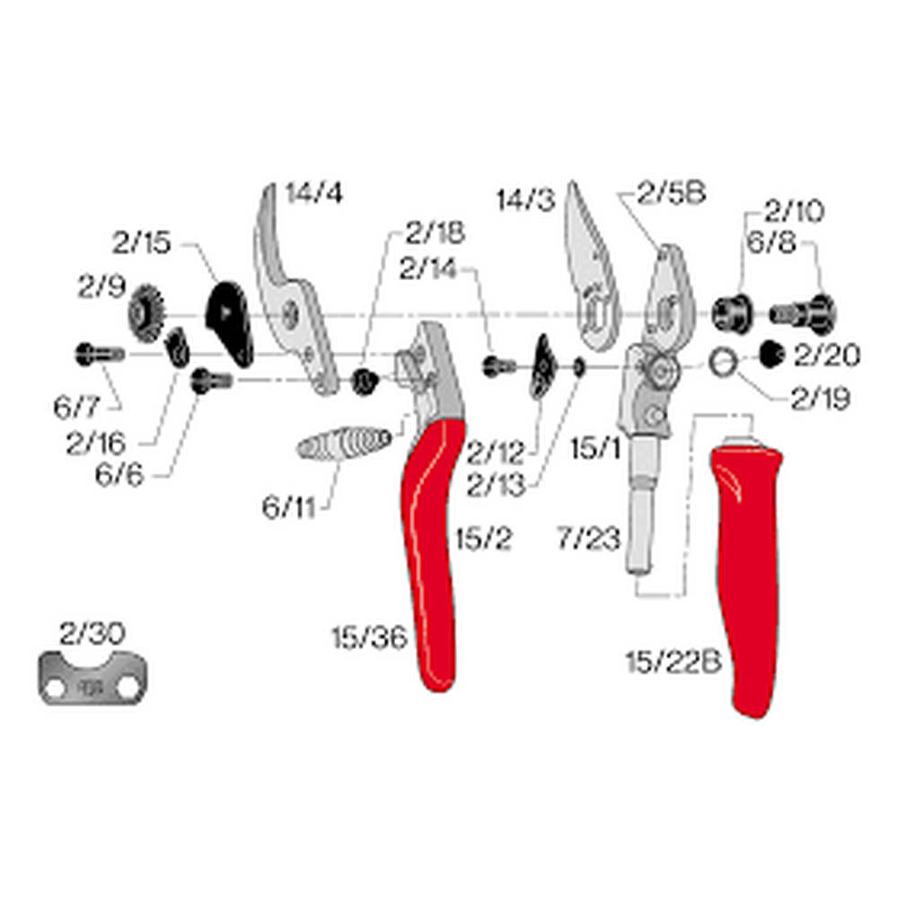 Diagram of Felco 15 Bypass Pruner with Revolving Handle- F15 parts and components for maintenance and repair.