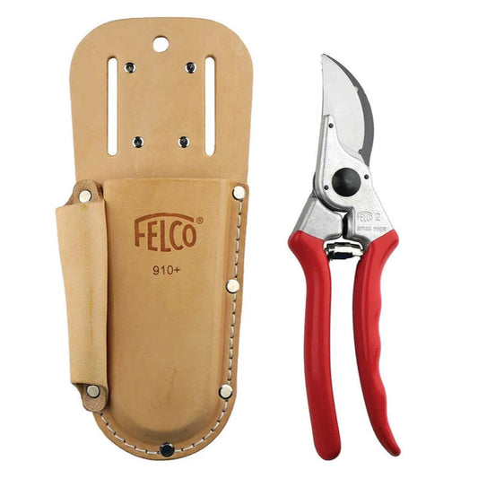 Felco pruning shears with leather sheath and replacement blade on a white background