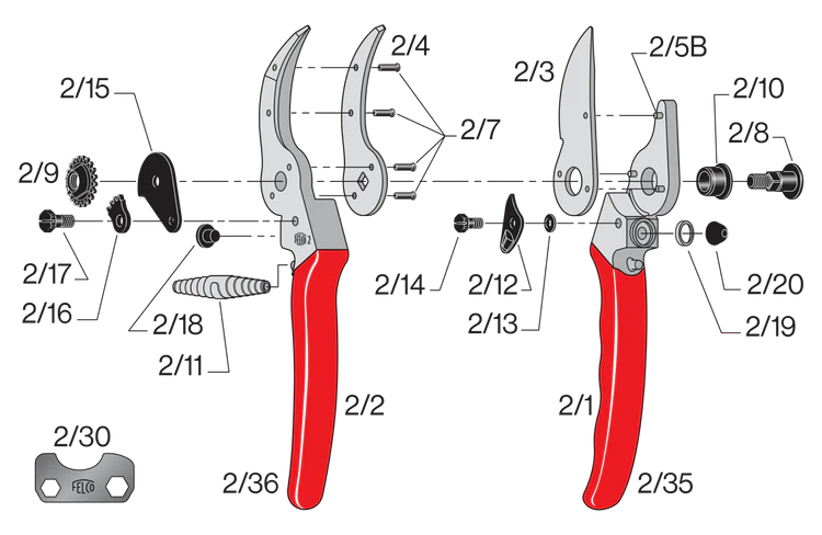 Felco 2 Pruner Classic Model F-2 detailed parts diagram showing components and features.