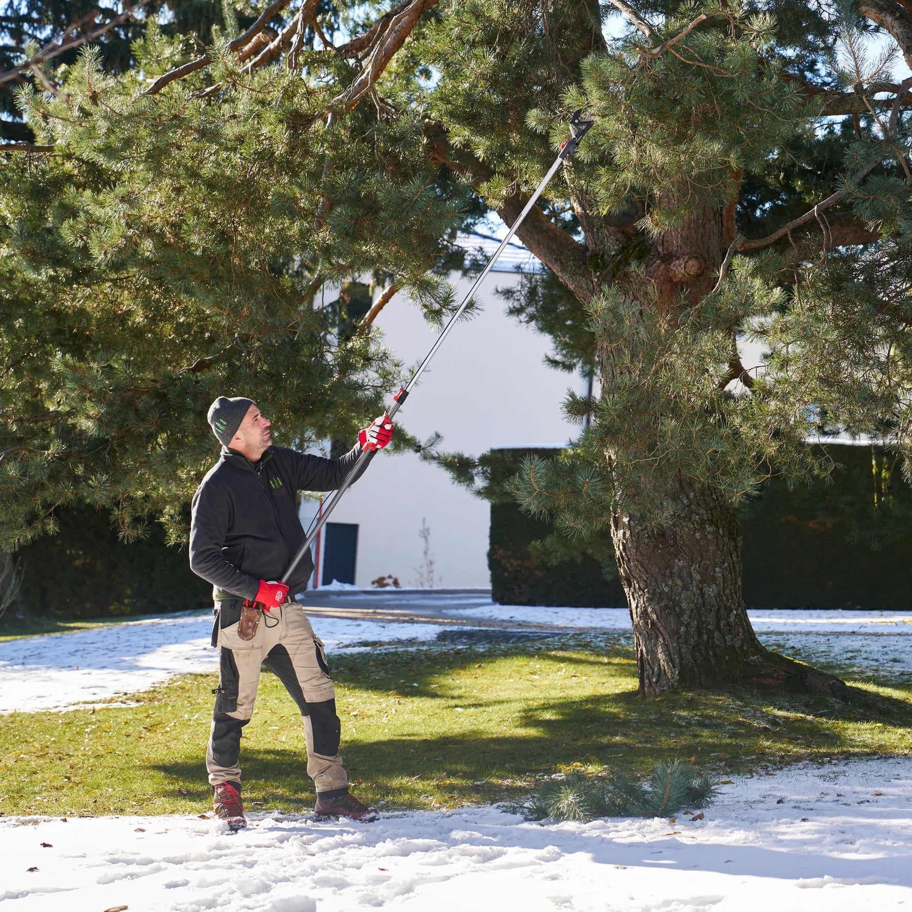 Man using FELCO Pole Pruner 290-4M to prune tree branches in a snowy landscape.