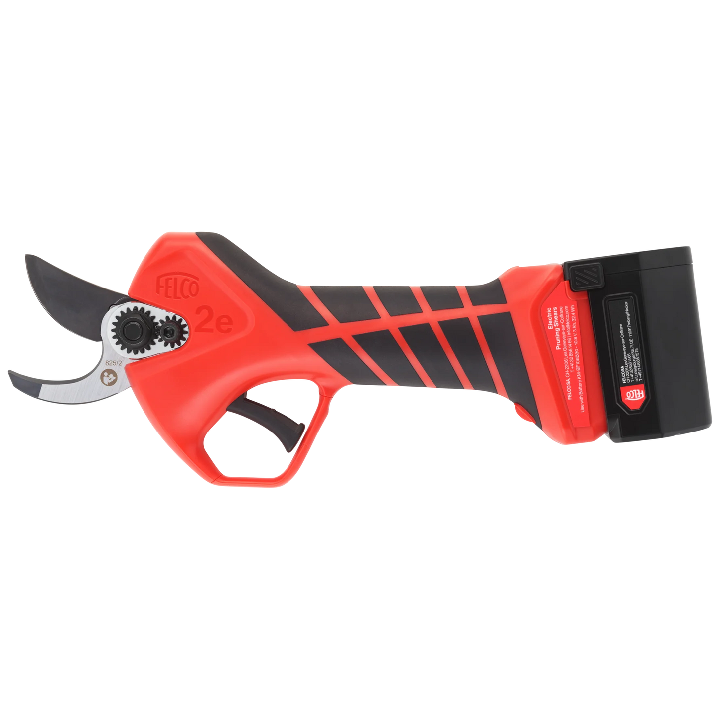 FELCO 2e electric pruning shear with red ergonomic handles, F‑Tech coated blade, and built‑in CUT SHIELD™ safety sensor.