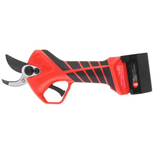 FELCO 2e electric pruning shear with red ergonomic handles, F‑Tech coated blade, and built‑in CUT SHIELD™ safety sensor.