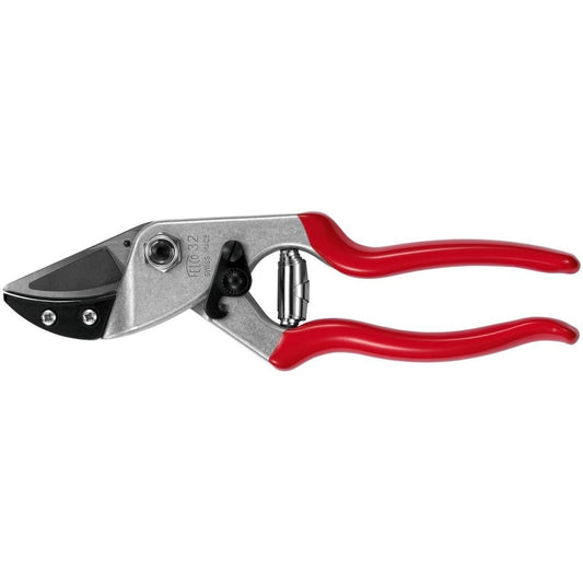 Felco 32 Curved Anvil Pruner F32 with red handles and high-quality steel blade for precise cutting.