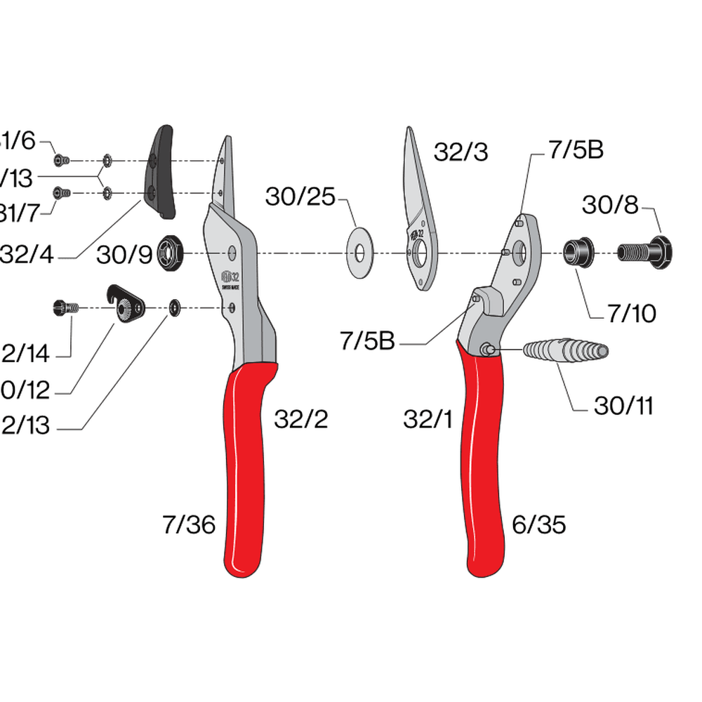 Diagram showing parts of the Felco 32 Curved Anvil Pruner F32 with labeled components for easy identification and assembly.