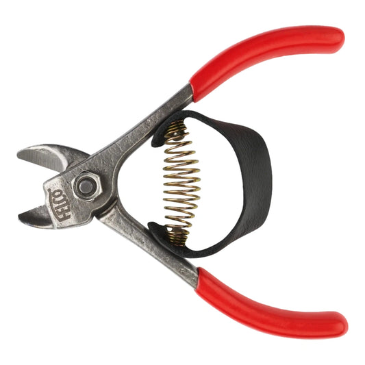 Felco 330 fruit clipper with red handles and curved blade for precision cuts in fruit harvesting.
