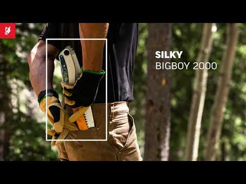 Video demonstrating the Silky BigBoy 2000 folding saw in use, showcasing its 360mm curved blade, extra-coarse teeth, and two-handed rubberized handle cutting through large branches.
